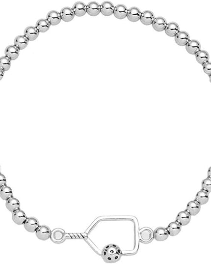 Pickleball Beaded Stretch Bracelet - Silver