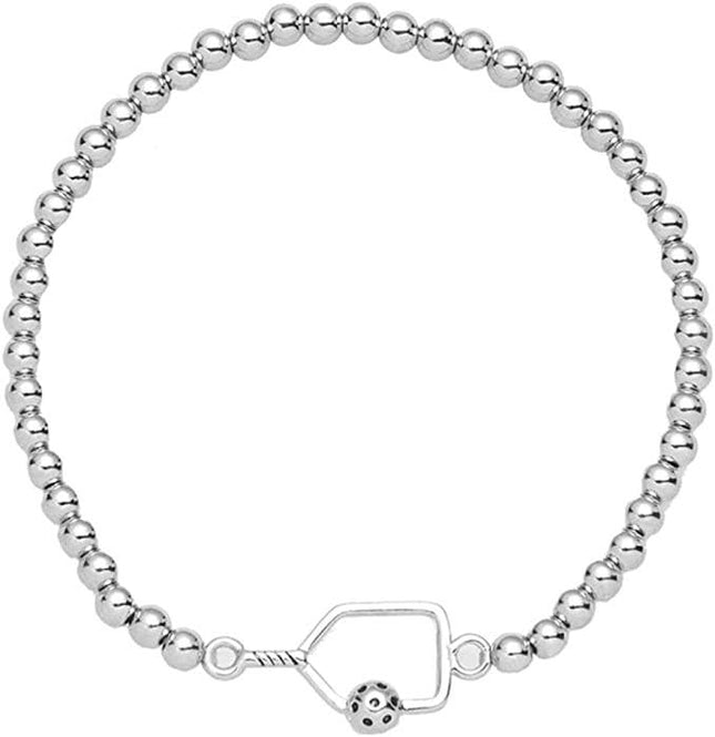 Pickleball Beaded Stretch Bracelet - Silver