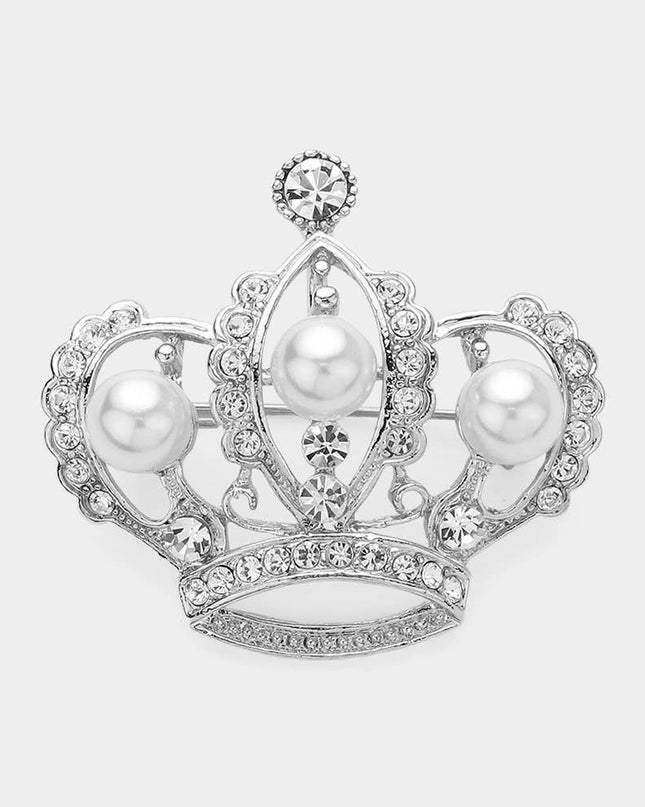 Stone / Pearl Paved Crown Pin Brooch