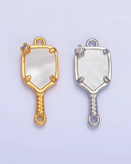 24K Gold Filled CZ Shell Pearl Pickle Ball Racket Pendant in Gold & Silver | F730