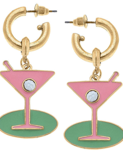 Country Club Martini Drop Hoop Earrings in Pink