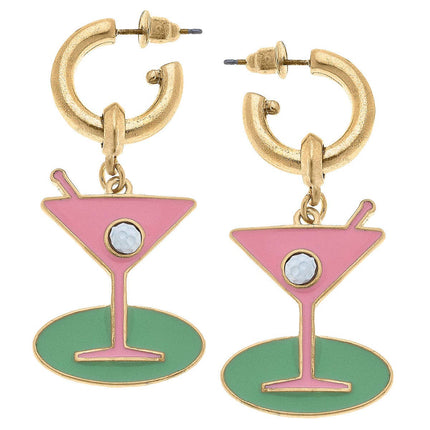 Country Club Martini Drop Hoop Earrings in Pink