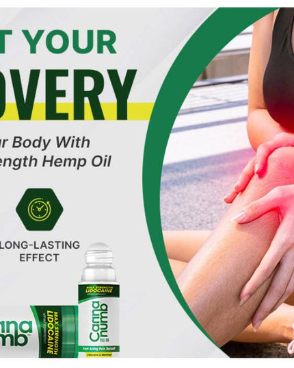Advertisement for Carina Numb hemp oil with a person holding their knee.