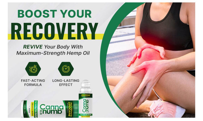 Advertisement for Carina Numb hemp oil with a person holding their knee.