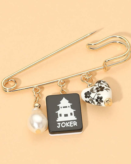Floral Heart Mahjong Tile Pearl Charm Drop Safety Pin Brooch