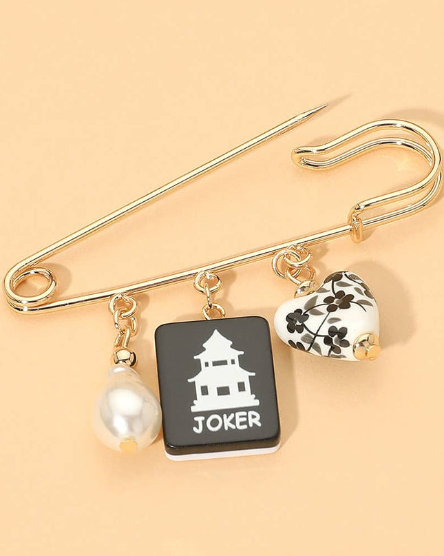 Floral Heart Mahjong Tile Pearl Charm Drop Safety Pin Brooch