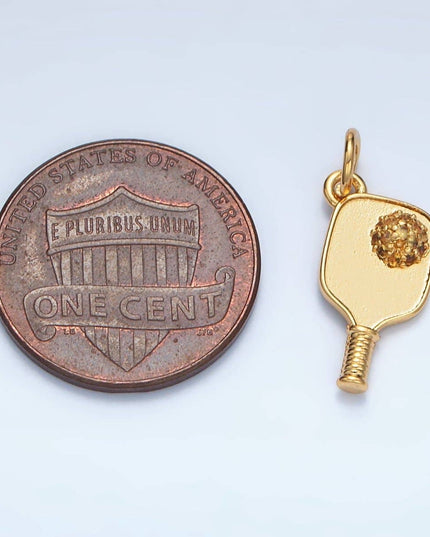 Minimalist Pickle Ball Charm in 24K Gold Filled Pendant Sports Paddle with CZ Ball  D-620