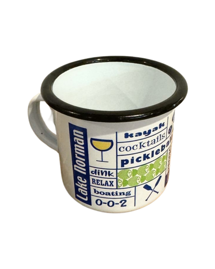 Enamel mug with text and graphics on a white background