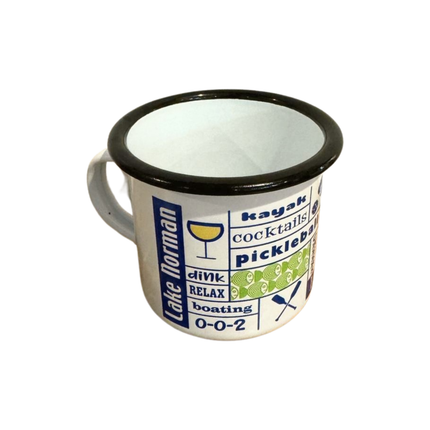 Enamel mug with text and graphics on a white background