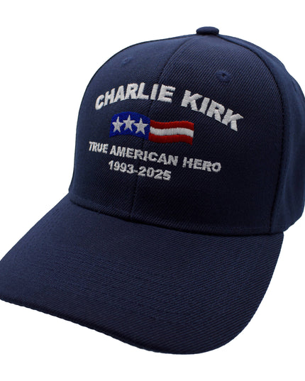 Navy blue cap with 'Charlie Kirk True American Hero' text and American flag design on a white background