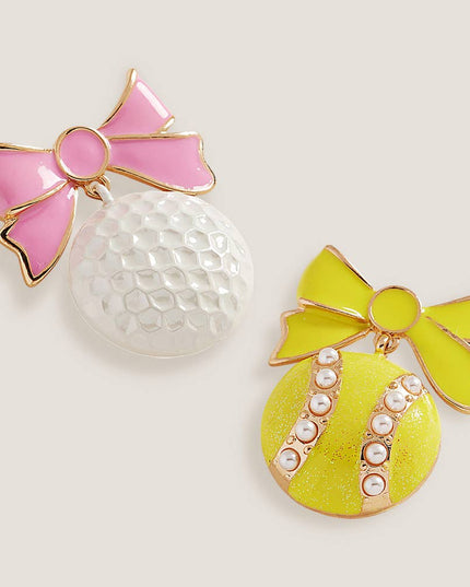 Pearl Enamel Tennis Ball Bow Pin Brooch