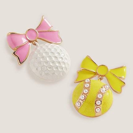 Pearl Enamel Tennis Ball Bow Pin Brooch