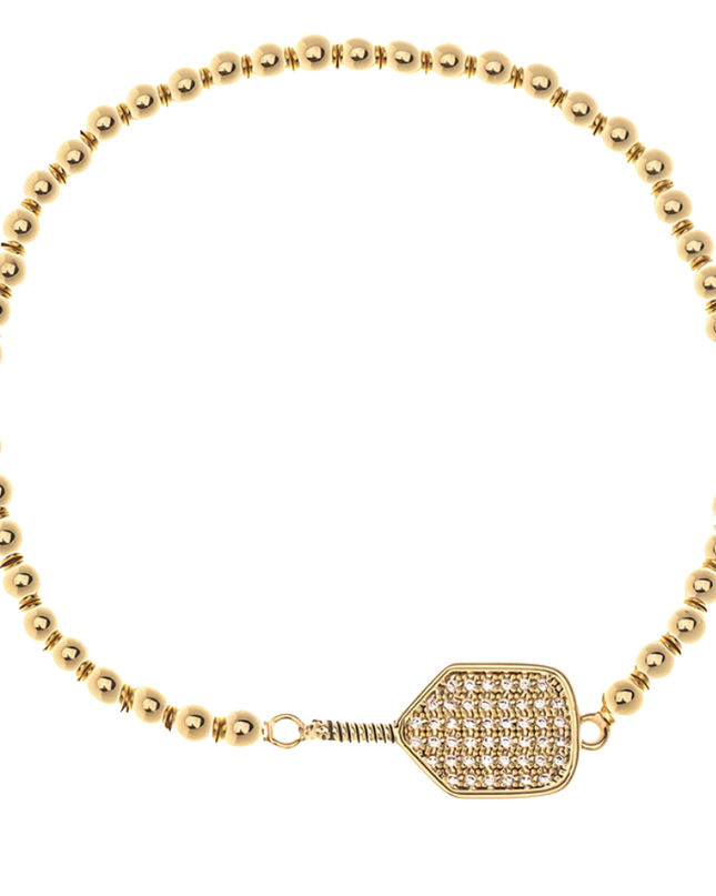 Pickleball Beaded Stretch Rhinestone Bracelet -Gold