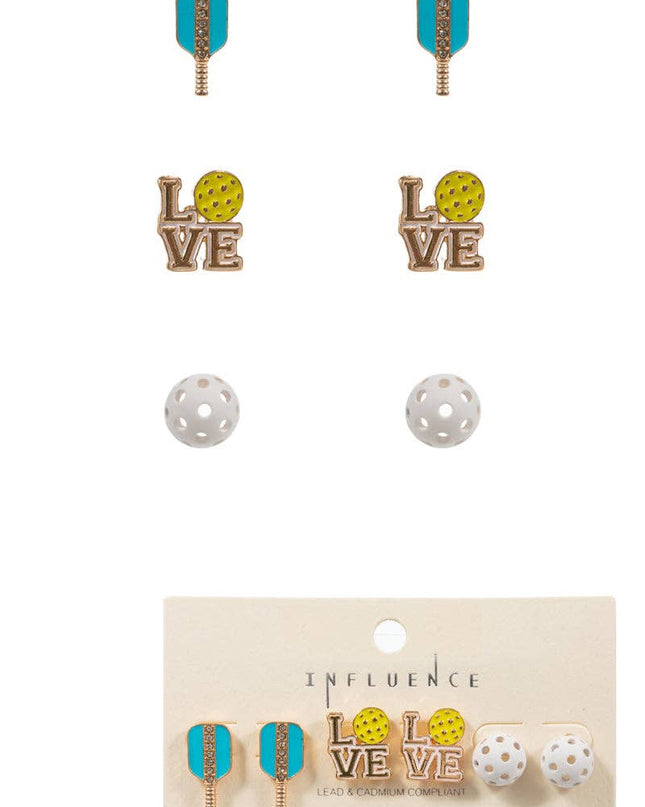 Pickleball Enamel Print 3 Set Post Earrings
