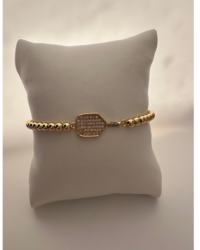 Pickleball Beaded Stretch Rhinestone Bracelet -Gold