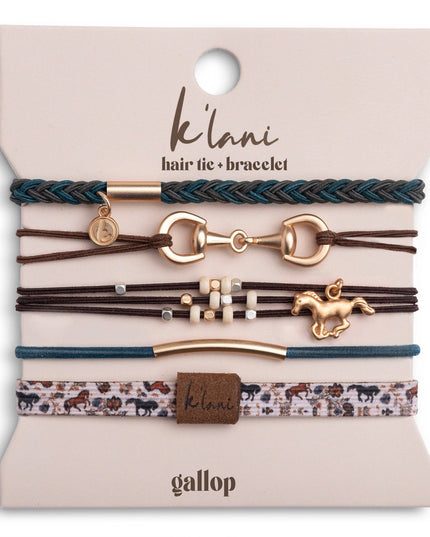 "Gallop" Horse & Bridle Equestrian Accents in Rich Brown & Blue Hair Tie Bracelets