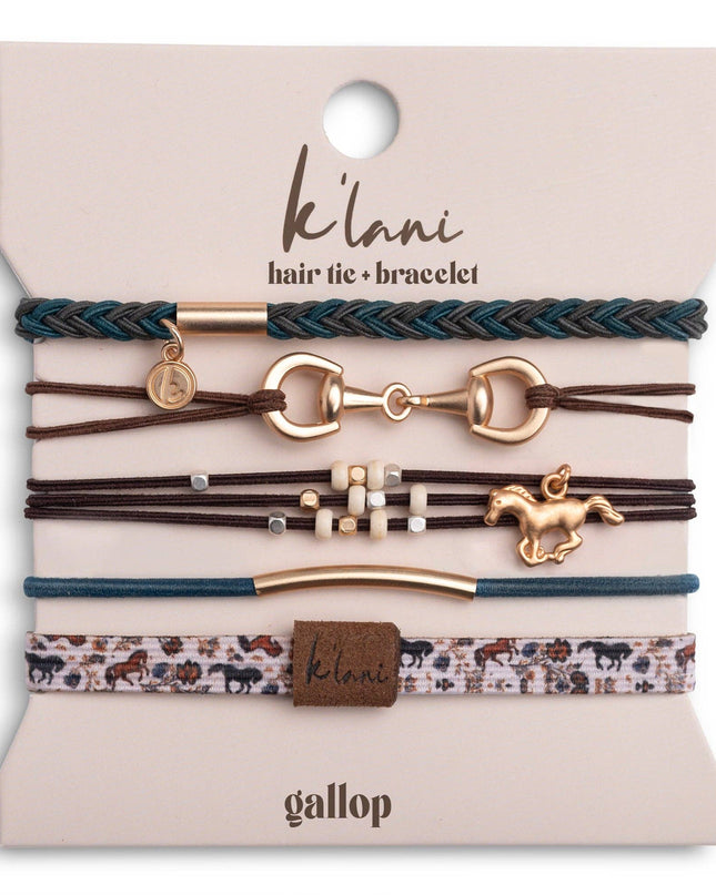 "Gallop" Horse & Bridle Equestrian Accents in Rich Brown & Blue Hair Tie Bracelets