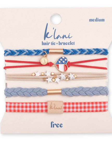 Set of hair ties and bracelets on a 'klani' branded card with various designs including stars, hearts, and checkered patterns.