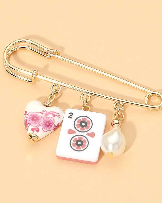 Floral Heart Mahjong Tile Pearl Charm Drop Safety Pin Brooch
