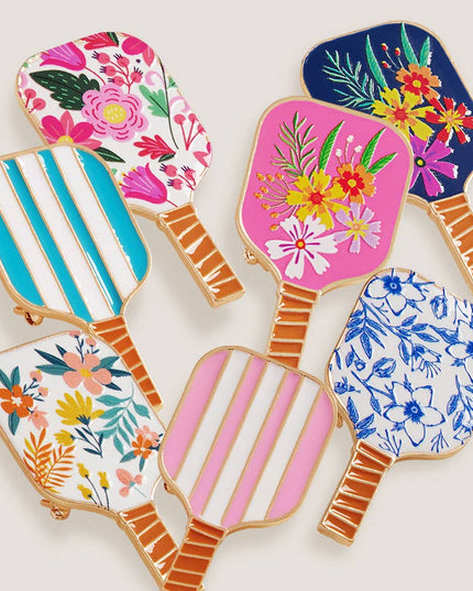 Enamel Striped Pickleball Paddle Pin Brooch