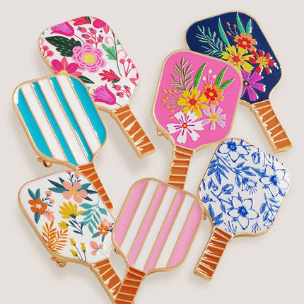 Enamel Striped Pickleball Paddle Pin Brooch