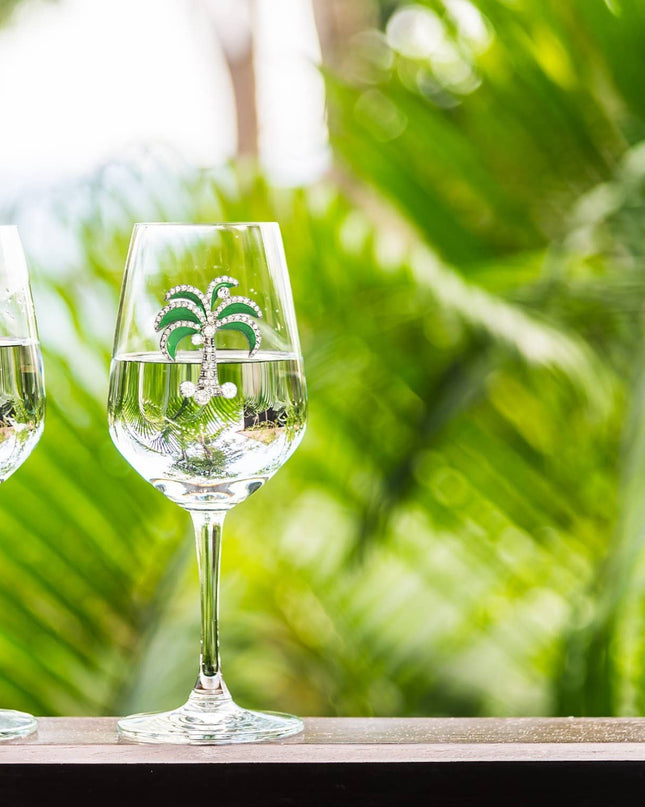 Green Diamond Palm Tree Jeweled Stemmed Wine Glass