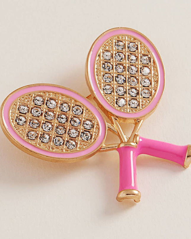 Enamel Rhinestone Embellished Double Tennis Racket Pin Brooch