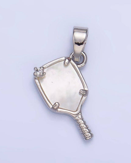 24K Gold Filled CZ Shell Pearl Pickle Ball Racket Pendant in Gold & Silver | AA1017