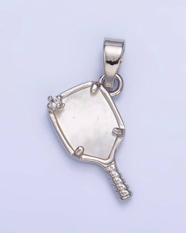 24K Gold Filled CZ Shell Pearl Pickle Ball Racket Pendant in Gold & Silver | AA1017