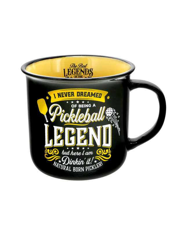 Black mug with yellow text and pickleball graphics on a white background