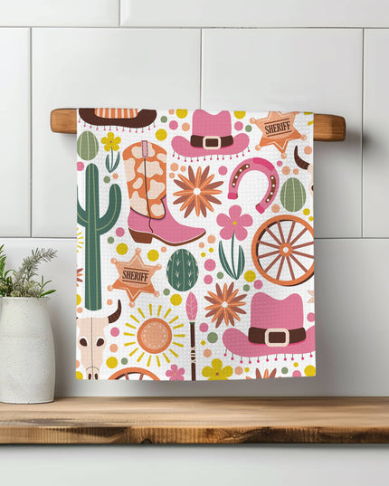 Retro Western Cactus Cowboy Cowgirl Kitchen Towel Waffle