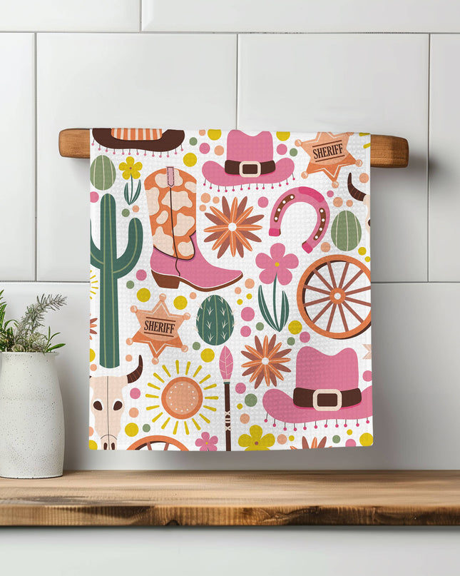 Retro Western Cactus Cowboy Cowgirl Kitchen Towel Waffle