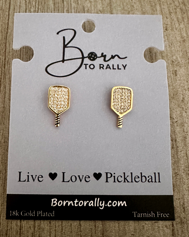Gold CZ Pickleball Paddle Stud Earrings