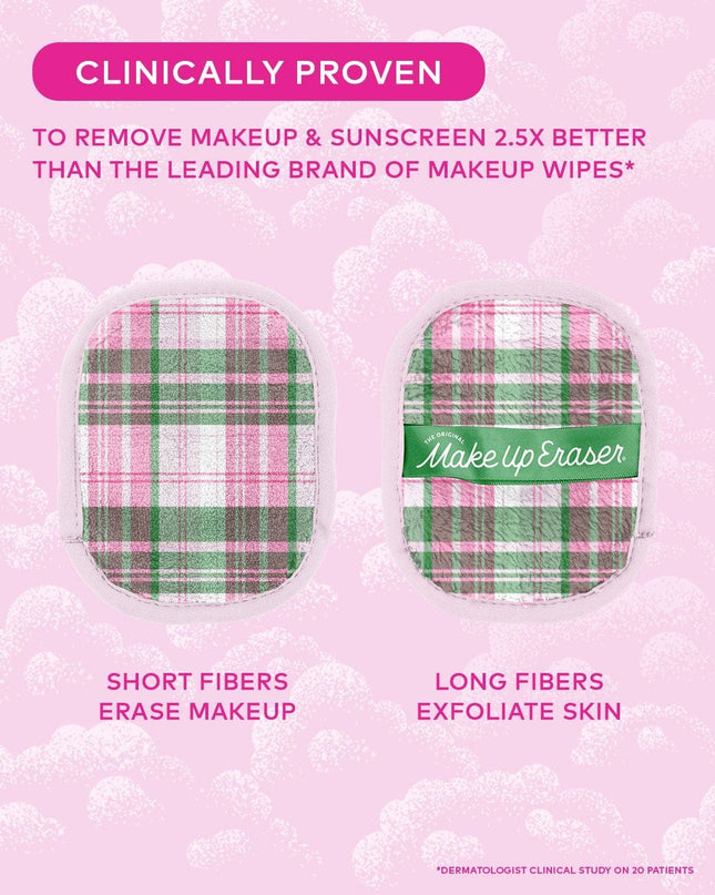 Makeup Eraser with plaid pattern on a pink background, featuring text about clinical proven effectiveness.