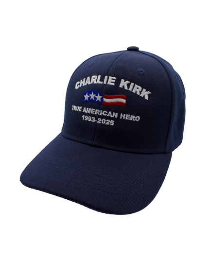 Navy blue cap with 'Charlie Kirk True American Hero 1993-2025' text and flag design on a white background