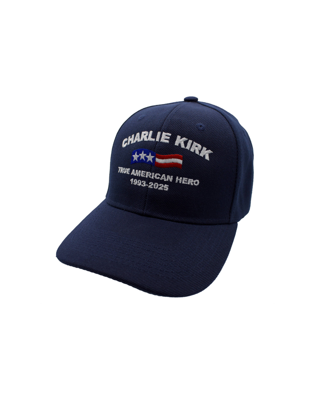 Navy blue cap with 'Charlie Kirk True American Hero 1993-2025' text and flag design on a white background