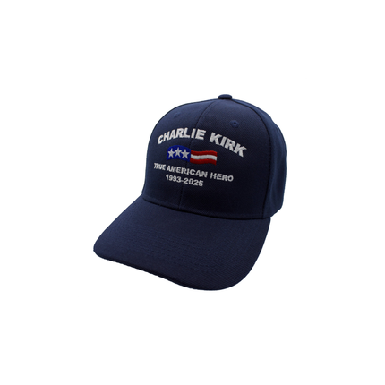 Navy blue cap with 'Charlie Kirk True American Hero 1993-2025' text and flag design on a white background