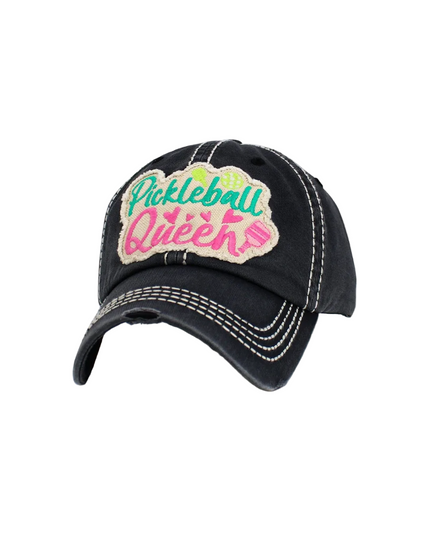 Black cap with colorful 'Pickleball Queéen' text on a white background