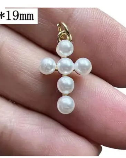 Pearl Cross Charm ~ 14k Gold Plated Brass