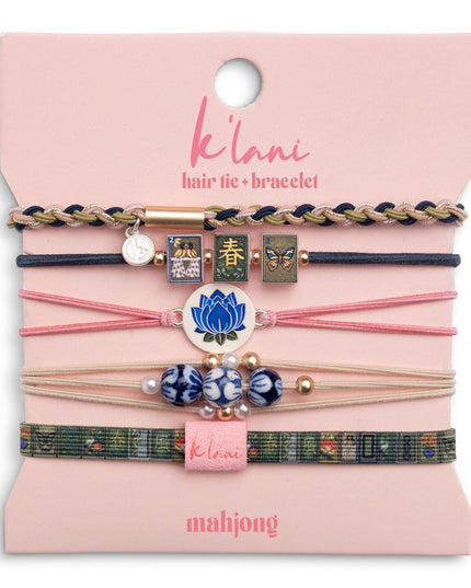 "Mahjong" Themed in Pink, Green & Blue with Lotus & Tile Accent Hair Tie Bracelets