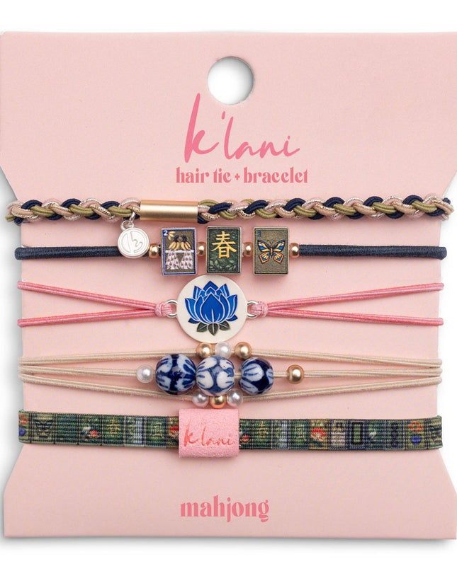 "Mahjong" Themed in Pink, Green & Blue with Lotus & Tile Accent Hair Tie Bracelets