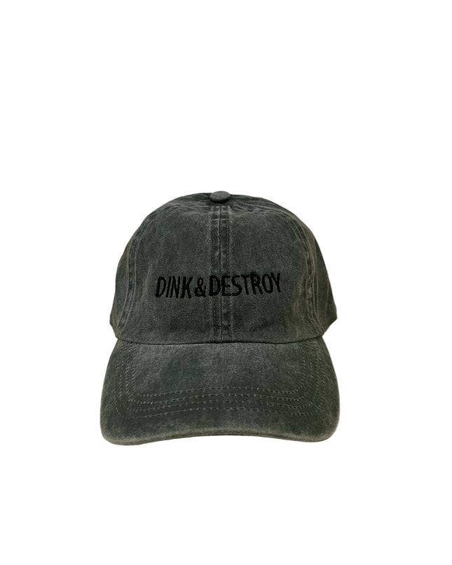 Green cap with 'Dink & Destroy' text on a  grey distressed hat
