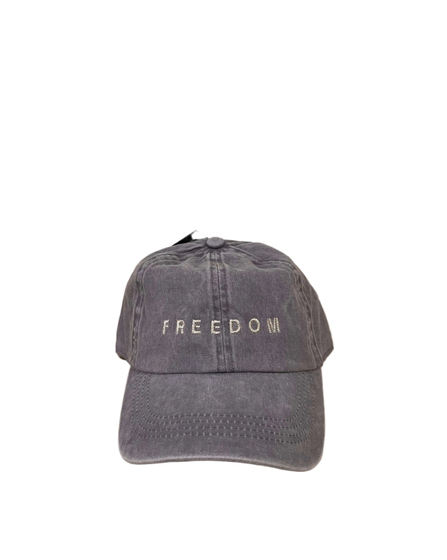 Gray cap with 'FREEDOM' text on a  grey distressed hat