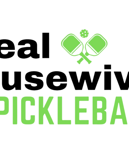 Logo for 'The Real Housewives of Pickleball' with pickleball paddles and ball graphics.