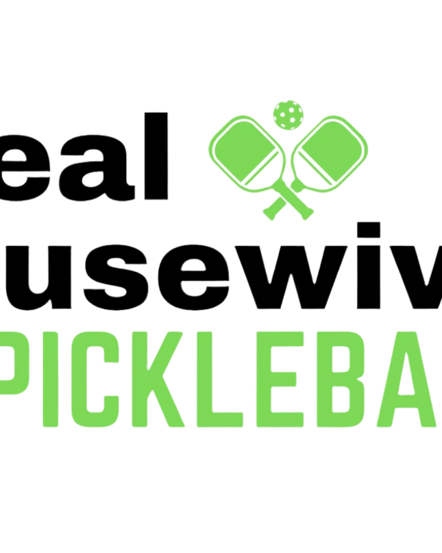 Logo for 'The Real Housewives of Pickleball' with pickleball paddles and ball graphics.