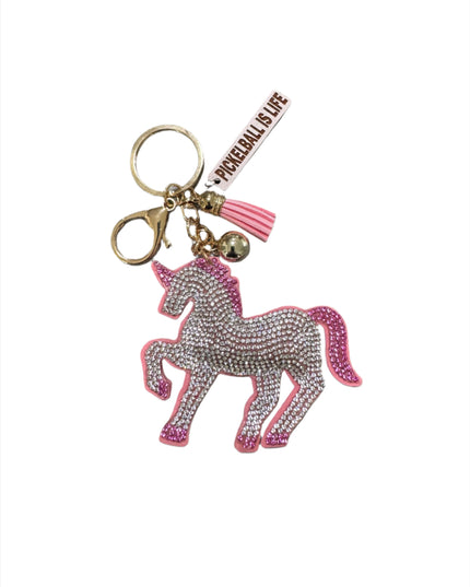 Rhinestone Embellished Pink Pickleball Unicorn w/ Tassel Keychain