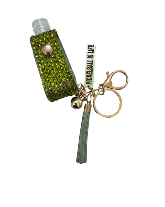Rhinestone Hand Sanitizer Holder w/ Pickleball Charm & Tassel Keychain
