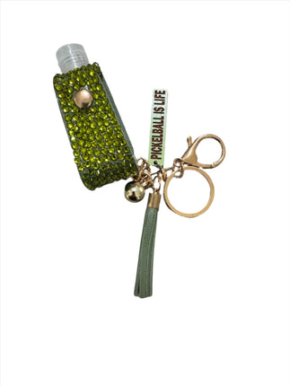 Rhinestone Hand Sanitizer Holder w/ Pickleball Charm & Tassel Keychain