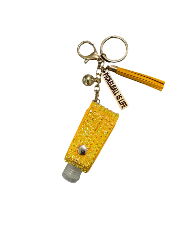 Rhinestone Hand Sanitizer Holder w/ Pickleball Charm & Tassel Keychain