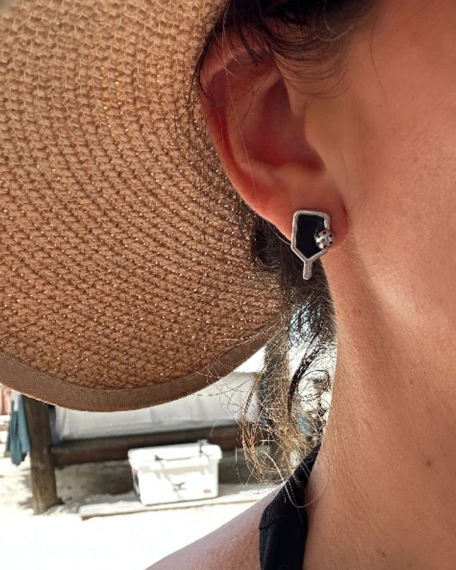 Pickleball Paddle Black Enamel Stud Earrings